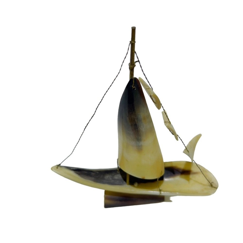 VTG Nautical Folk Art 6.5”x 1.5” Sailboat Horn Tabletop Decor Sailing Art - Picture 2 of 7